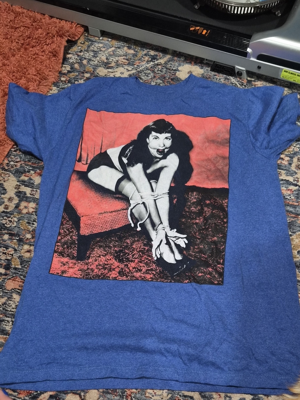 Bettie Page Blue Crewneck Tee with Graphic Accent